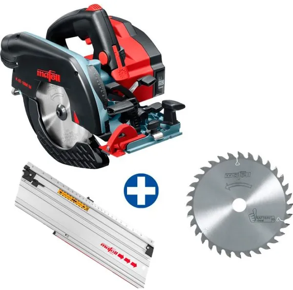 Mafell Käsikäyttöinen pyörösaha K 65 18M bl T-MAX:ssa ohjauskiskolla ja sahanterällä